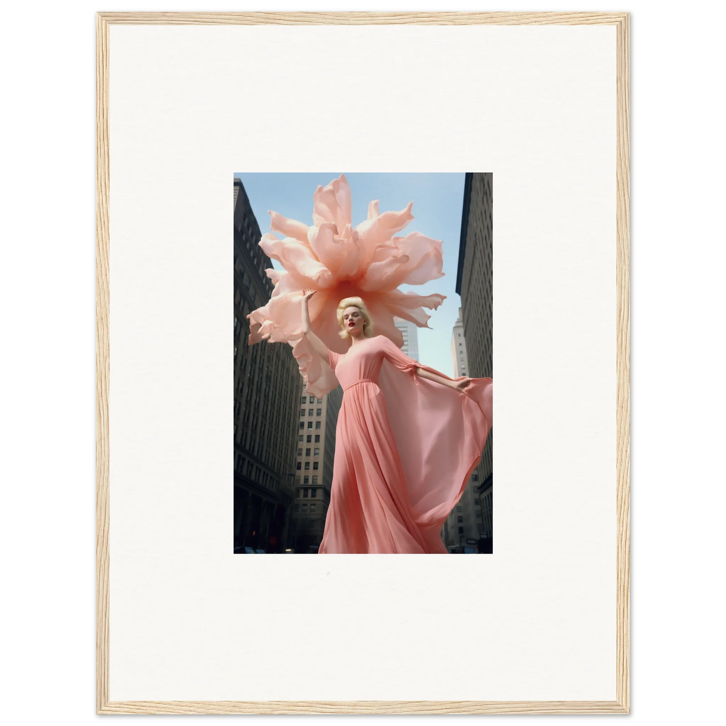 A figure in a pink gown and floral headdress from Sensational Blossom Mirage collection