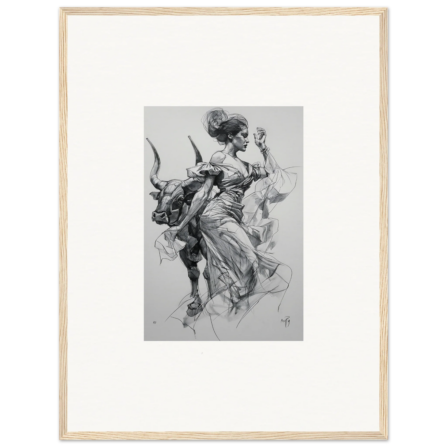 Black and white sketch of a woman in a flowing dress on a bull for Sirens’ Veil Matador