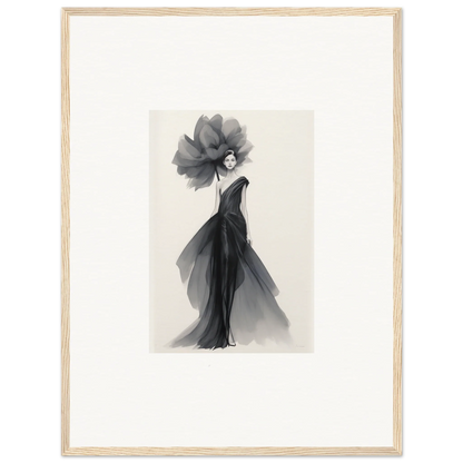 Elegant black and white watercolor of a figure in flowing gown for Curtain Bloom Dance