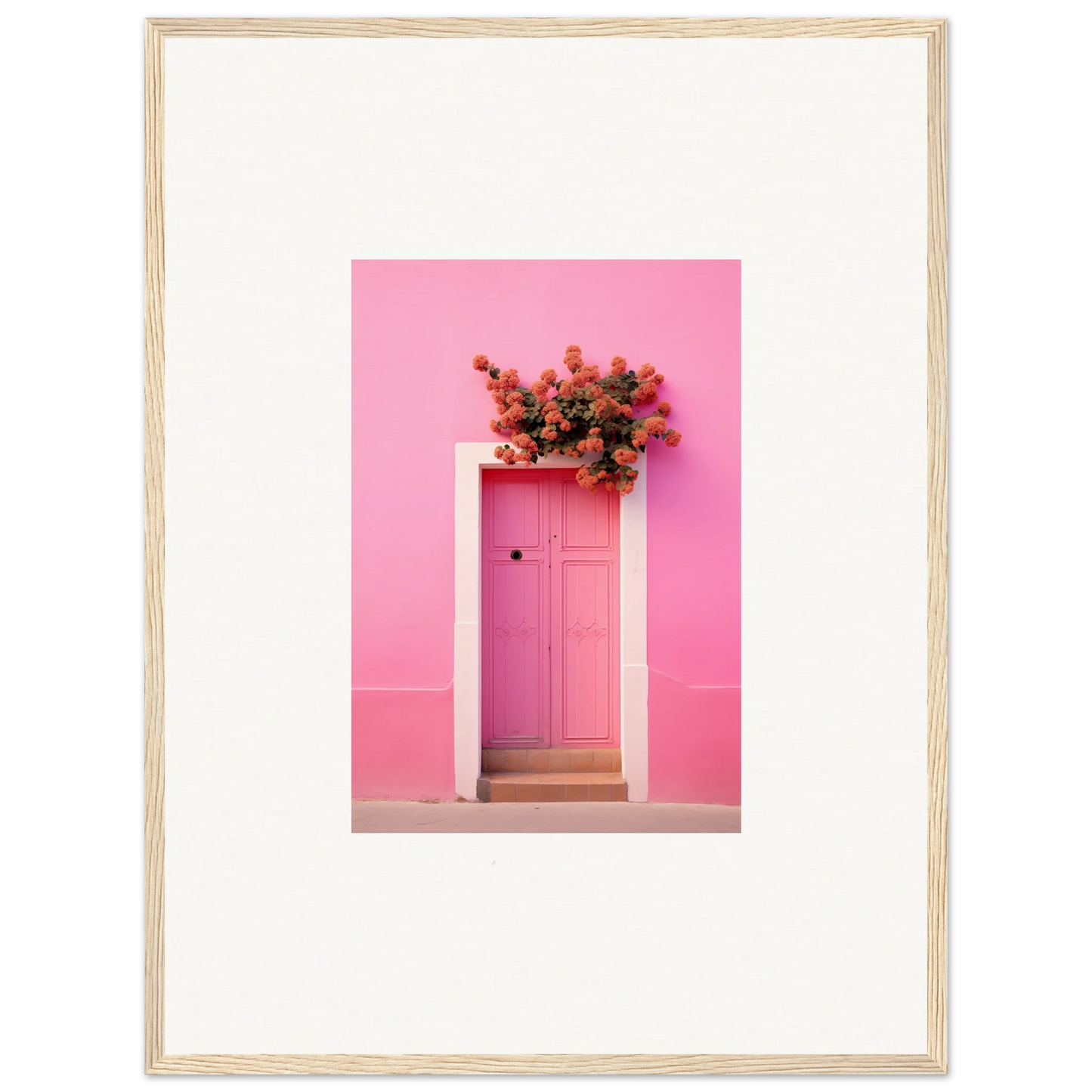 Pink door with red flowers, perfect for Quantum Pink Serenade framed wall art