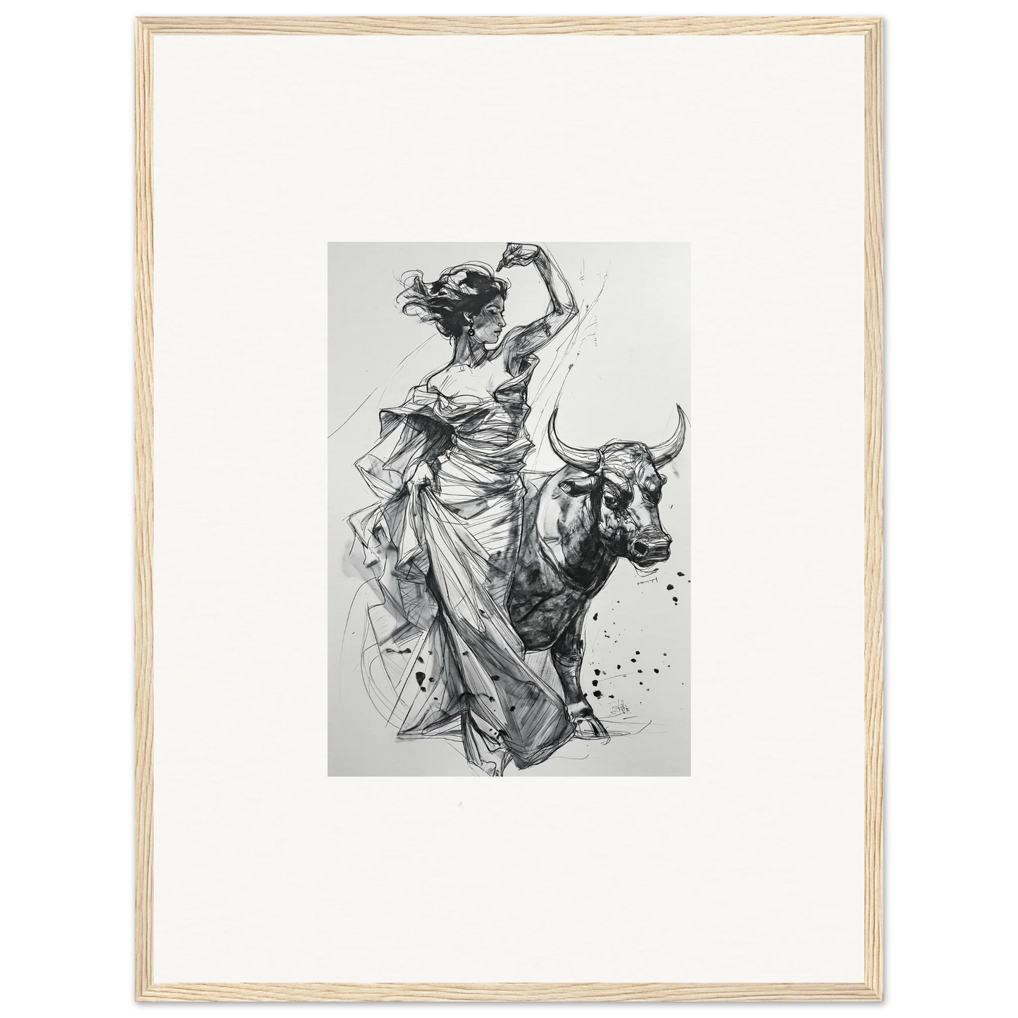 Black and white sketch of a figure in flowing dress with a bull in Tauripe Mystique Visions