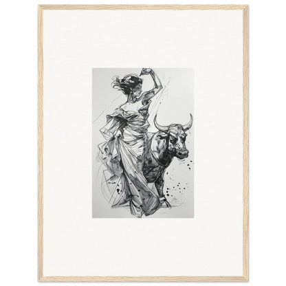 Black and white sketch of a figure in flowing dress with a bull in Tauripe Mystique Visions