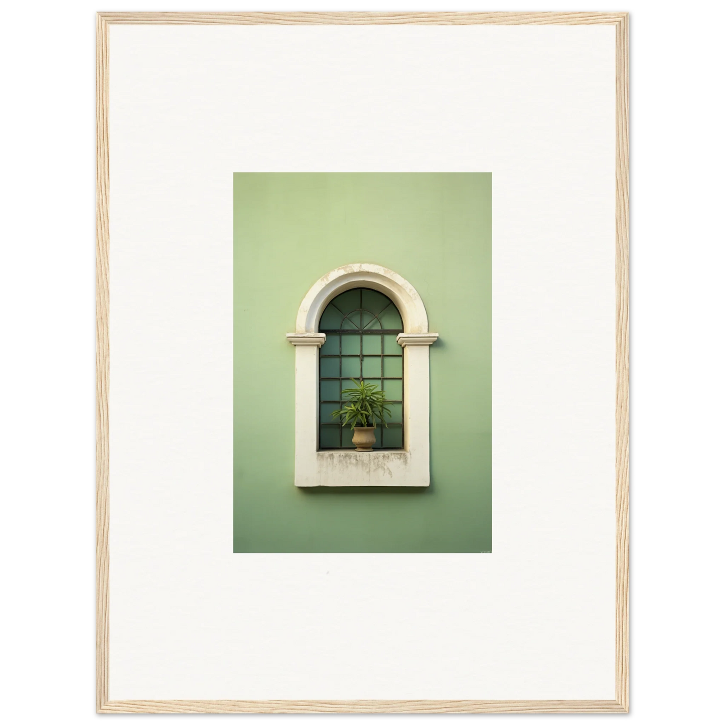 Arched window with decorative stonework and plant in Eggshell PandæmonIA Bliss art