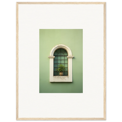 Arched window with decorative stonework and plant in Eggshell PandæmonIA Bliss art