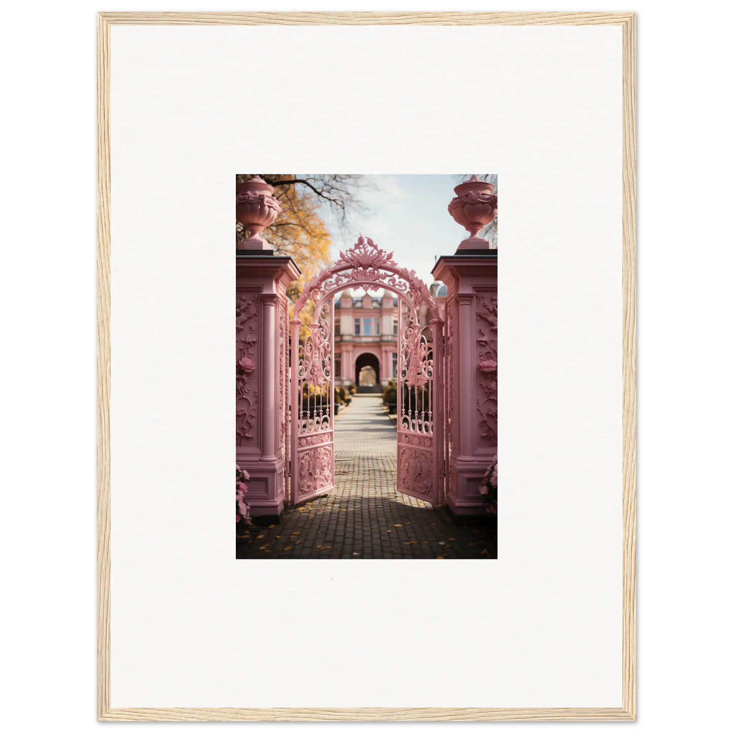 Ornate pink archway in Sugarcotton Visions Gateway leading to a beautiful garden path