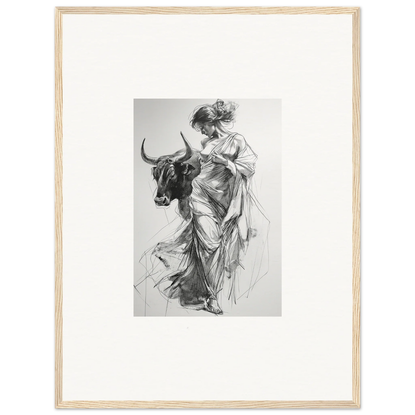 Black and white sketch of a figure in flowing robes with a bull for Splashing Gaze Melds