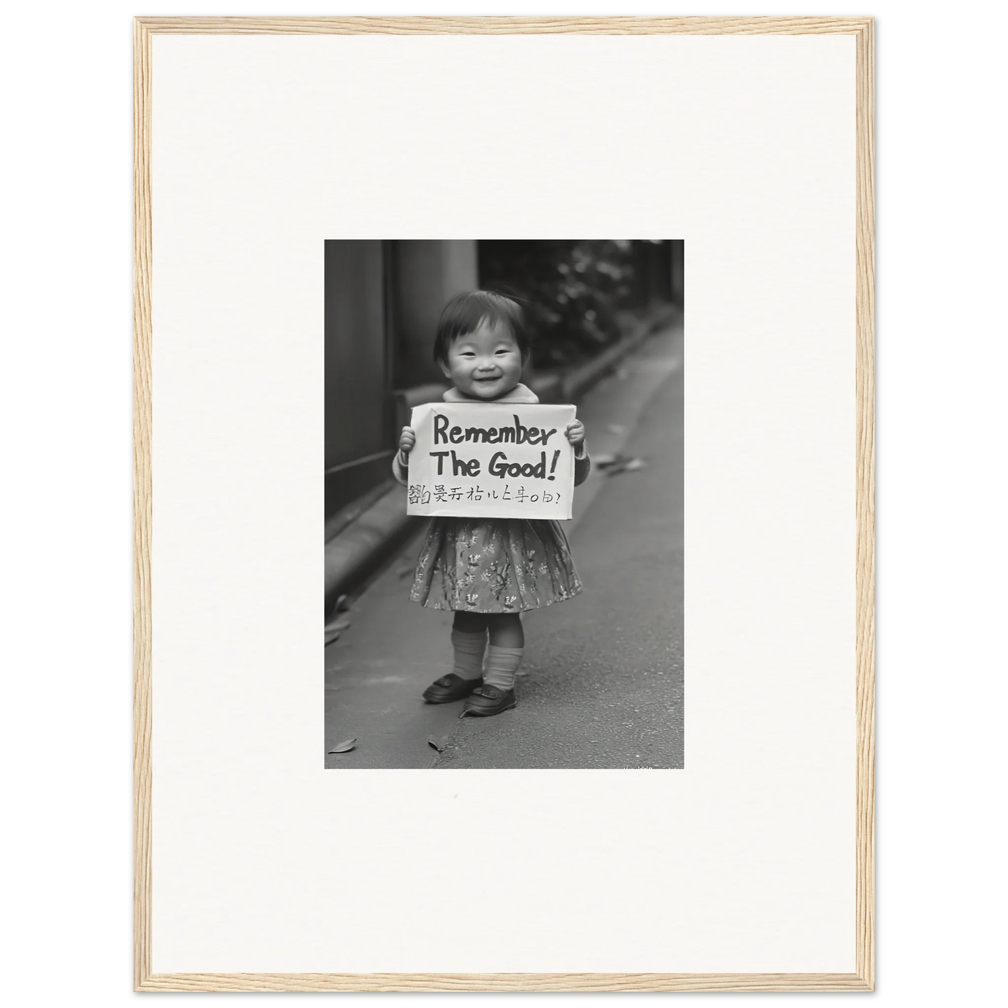 Black and white photo of a child with a Remember The Good sign in Whimsy Echo Memory art