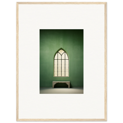 Gothic church window with geometric panes above bench - Evermind Greenthaum art™