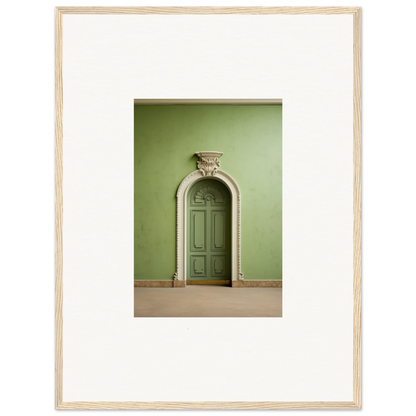 Ornate green door with decorative molding in Verdant Illusion Sphere framed wall art