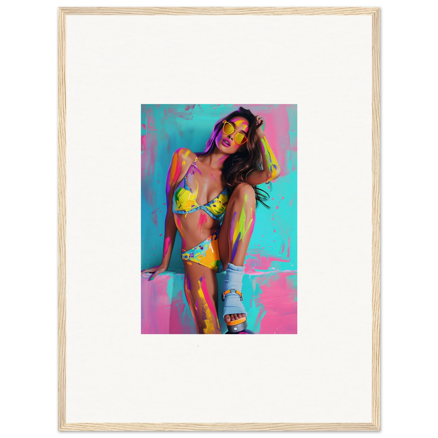 Colorful canvas print of a woman in a yellow bikini for vibrant room decoration