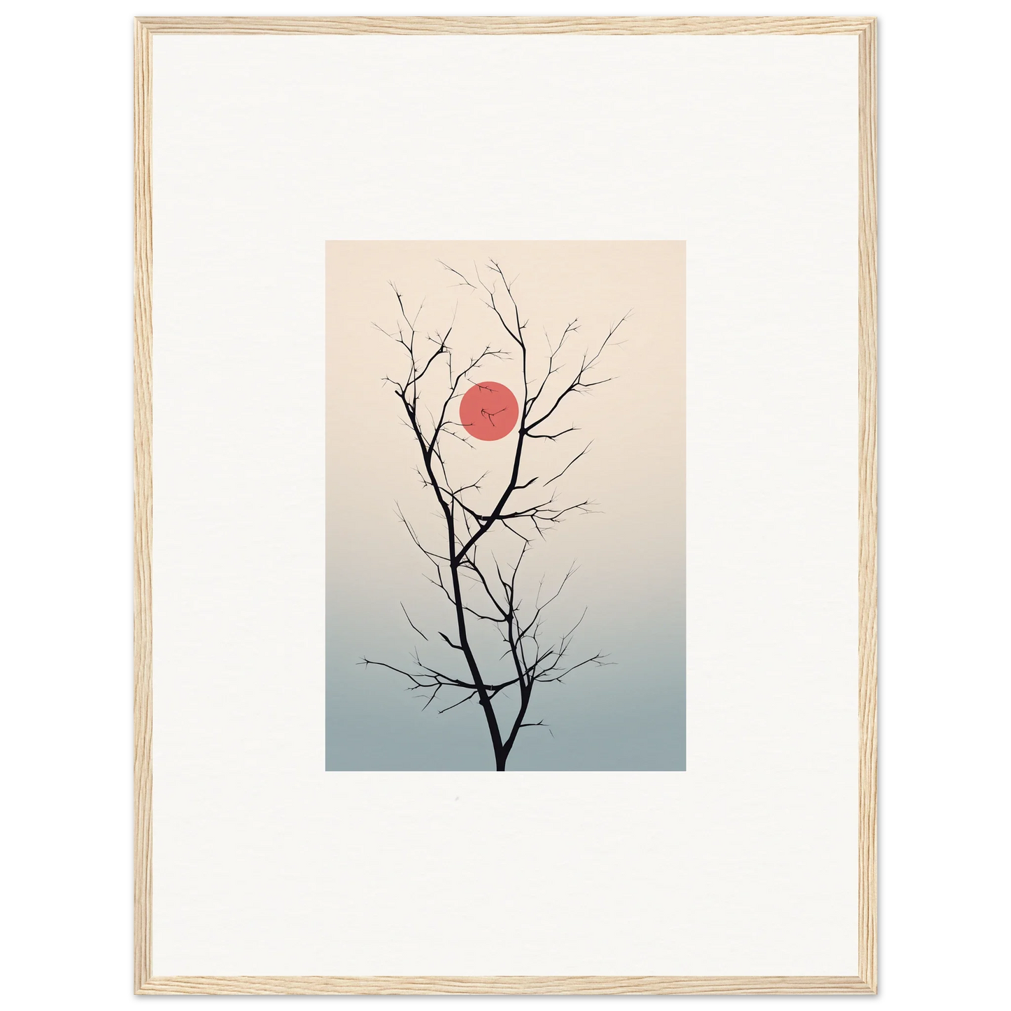 Bare tree branch silhouette against a red sun in Serene Eclipse wall art