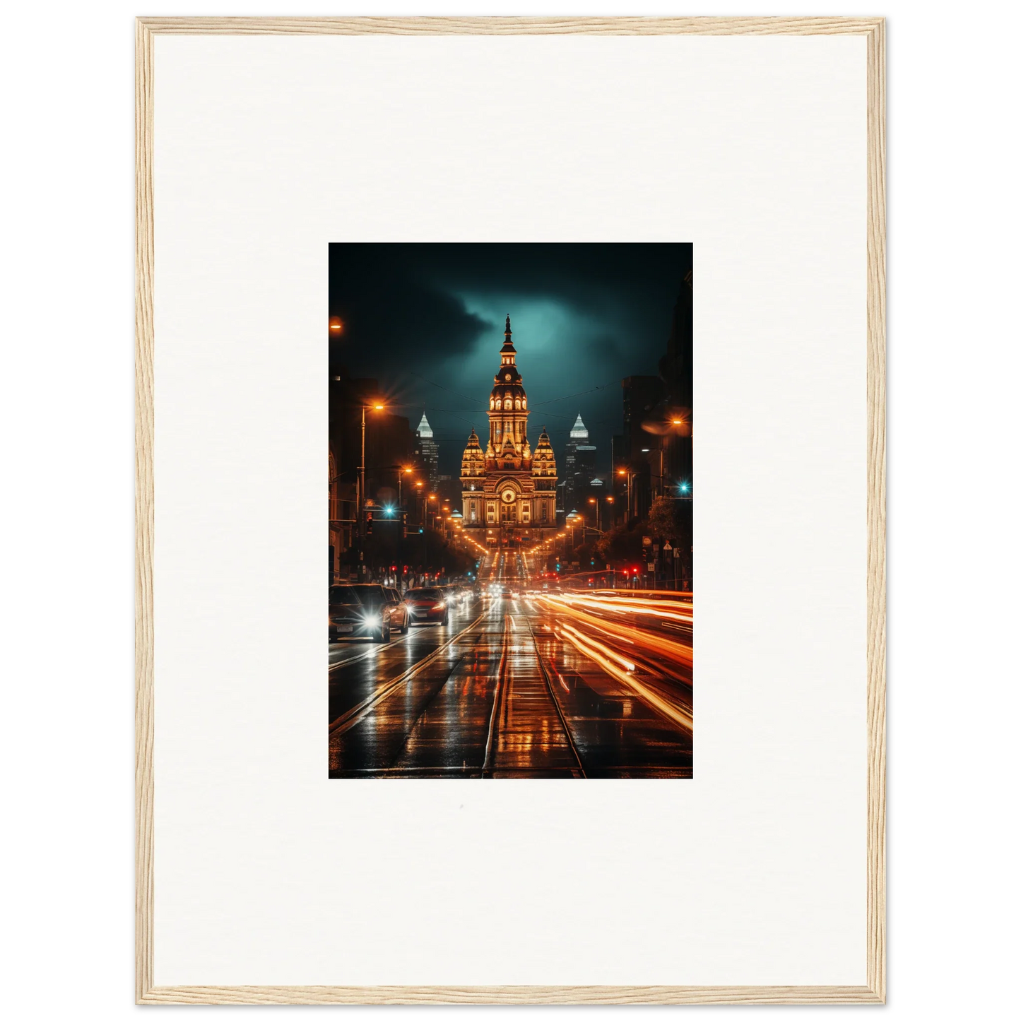 Radiant Urban Reverie art showing illuminated building and light trails on a rainy night