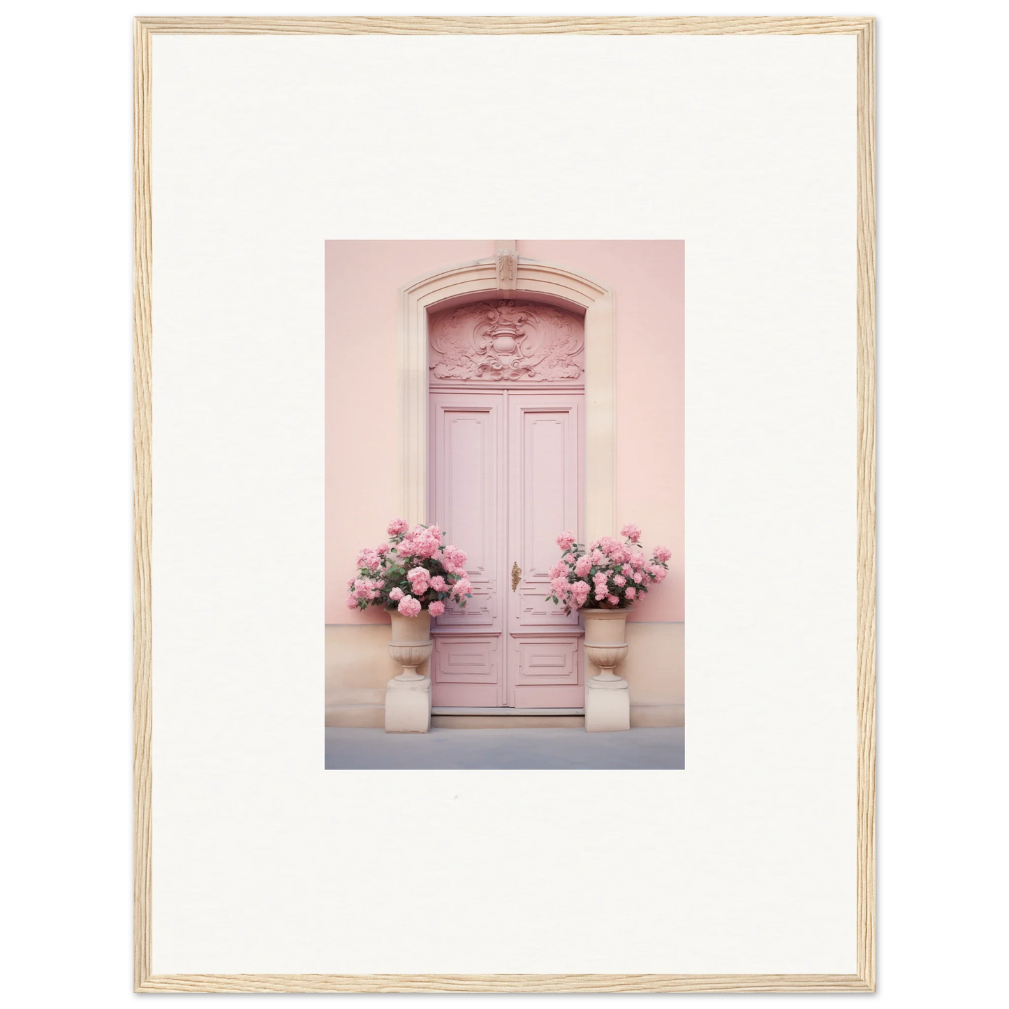 Pink door with ornate details and floral arrangements for Rosy Cosmos Gateway framed wall art