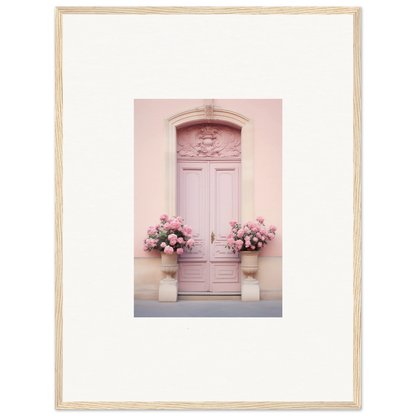 Pink door with ornate details and floral arrangements for Rosy Cosmos Gateway framed wall art