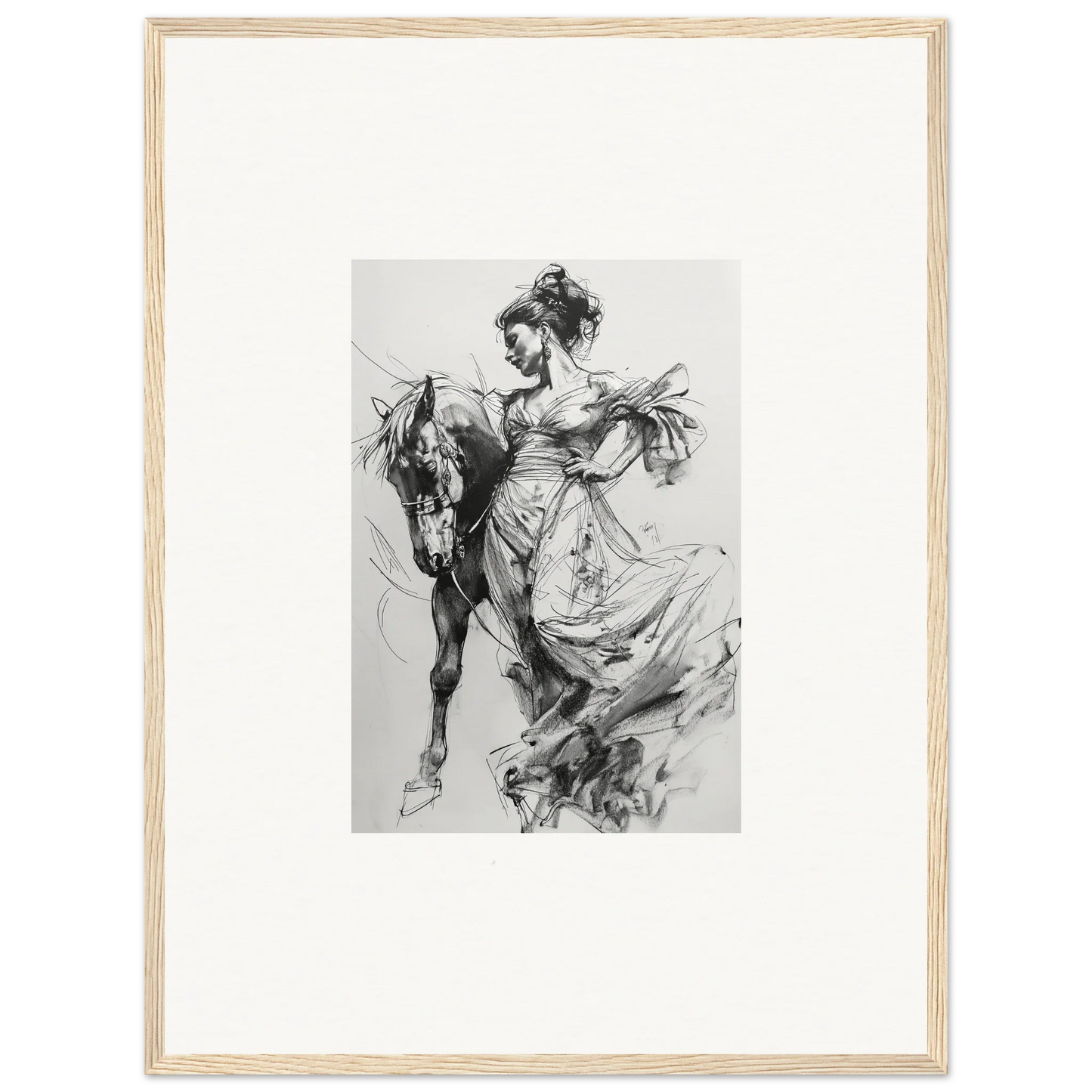 Black and white sketch of a figure in flowing dress next to a horse from Thoughts Unbridled Dance