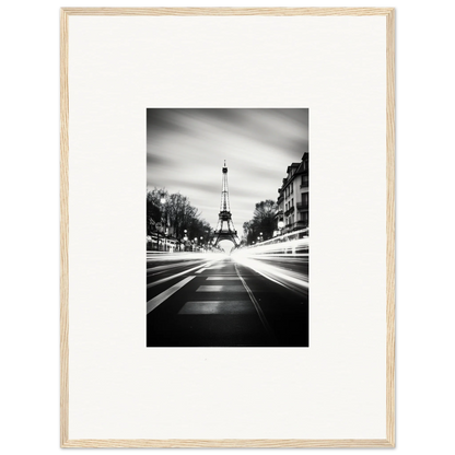 Black and white Eiffel Tower photo with light trails for Synth Wave Elysium framed wall art