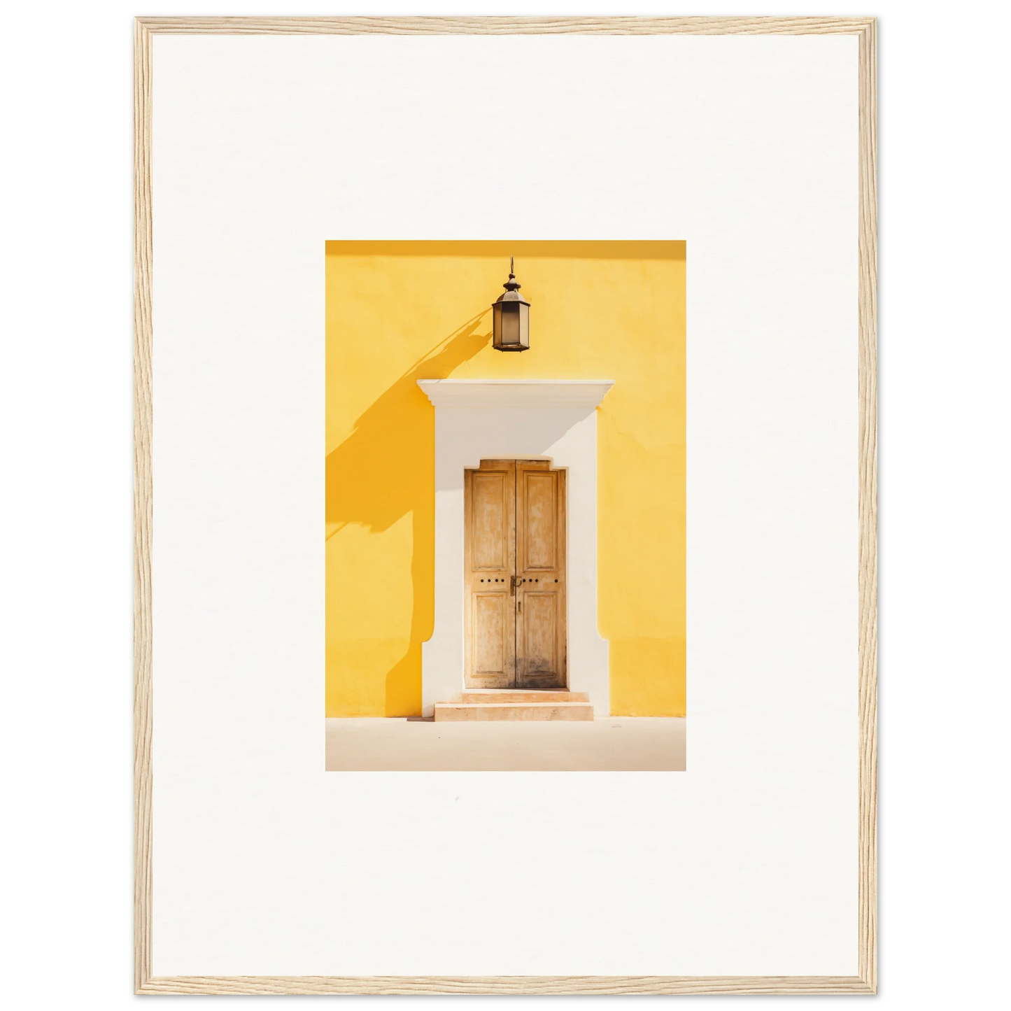 Wooden door with white trim on a yellow wall for Golden Hue Portal art piece