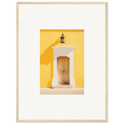 Wooden door with white trim on a yellow wall for Golden Hue Portal art piece