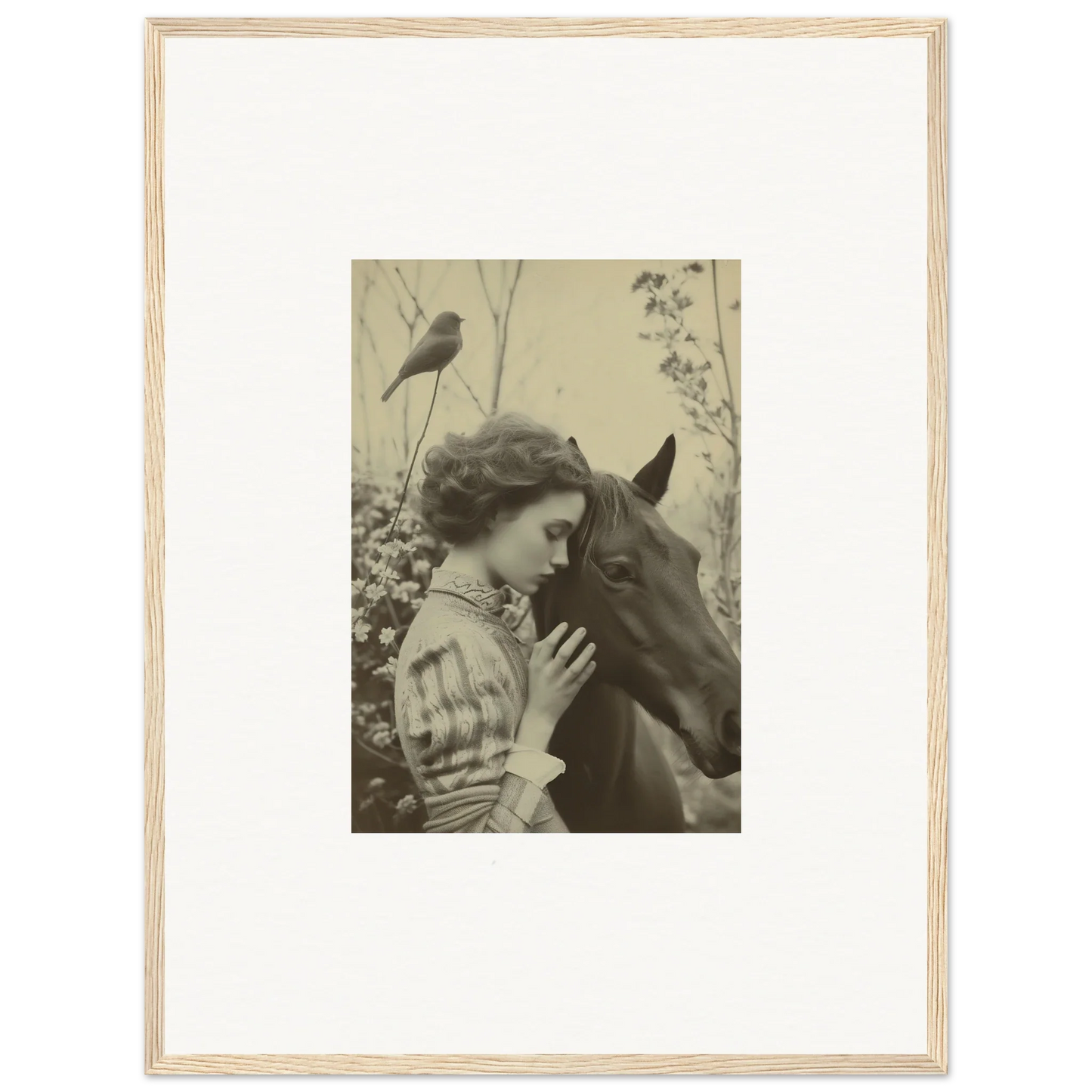 Framed vintage photograph of a woman and horse for unique room decoration wall art