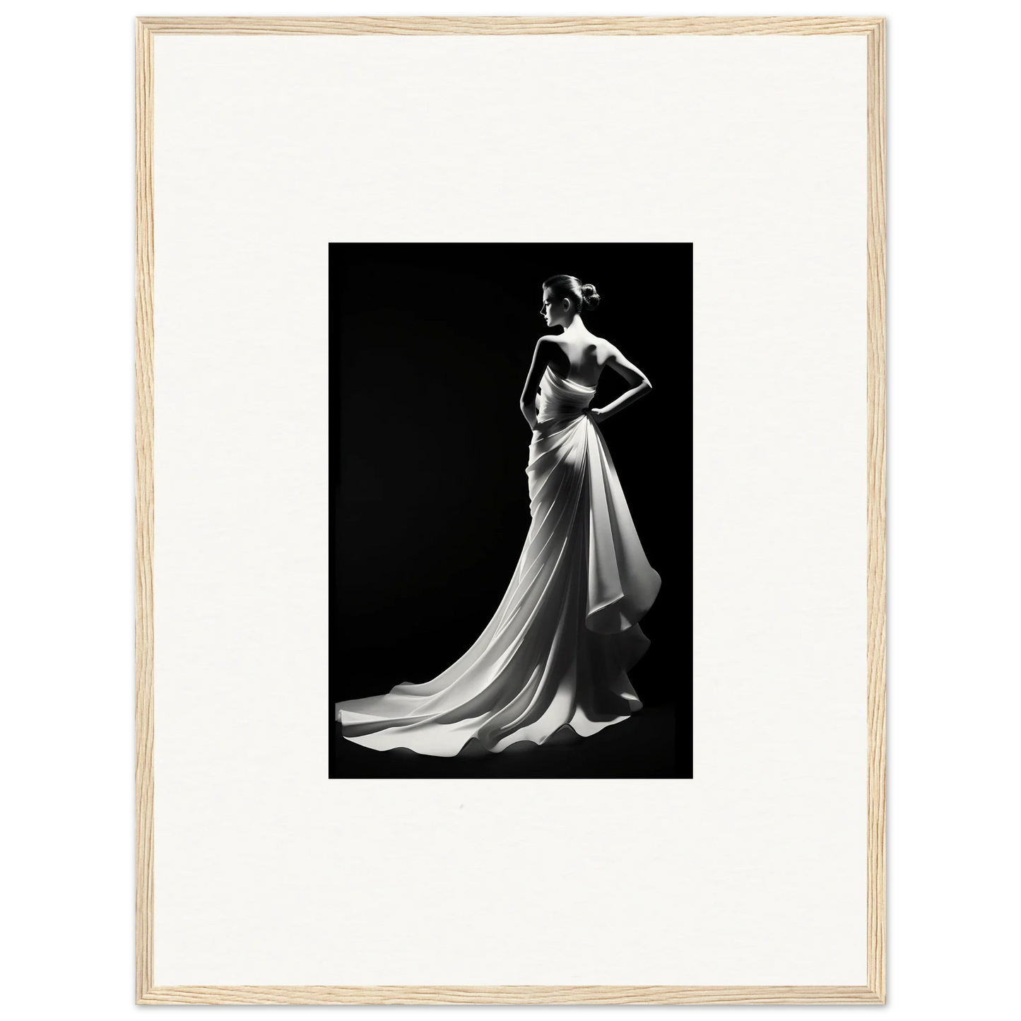 Black and white photo of an elegant gown showcasing ephemeral grayscale elegance