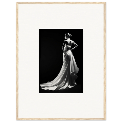 Black and white photo of an elegant gown showcasing ephemeral grayscale elegance