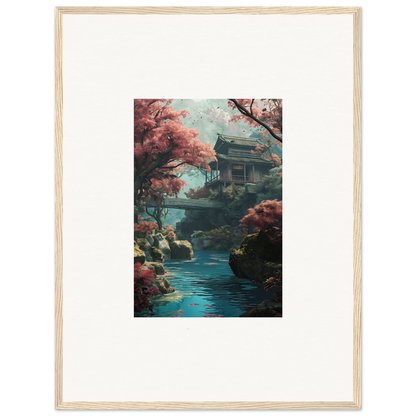 Traditional Japanese pagoda and bridge in cherry blossoms for Zen Dream Symphony art