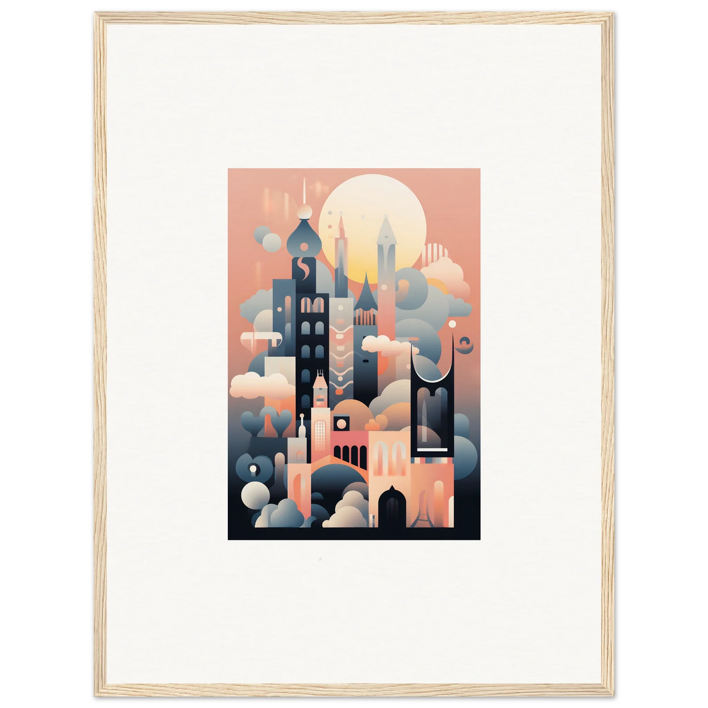 Stylized cityscape illustration in coral and navy for Ephemeral Castle Whispers art™