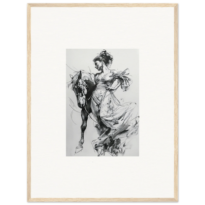 Black and white sketch of a figure in a flowing dress next to a horse for Stardust Morph Whimsy