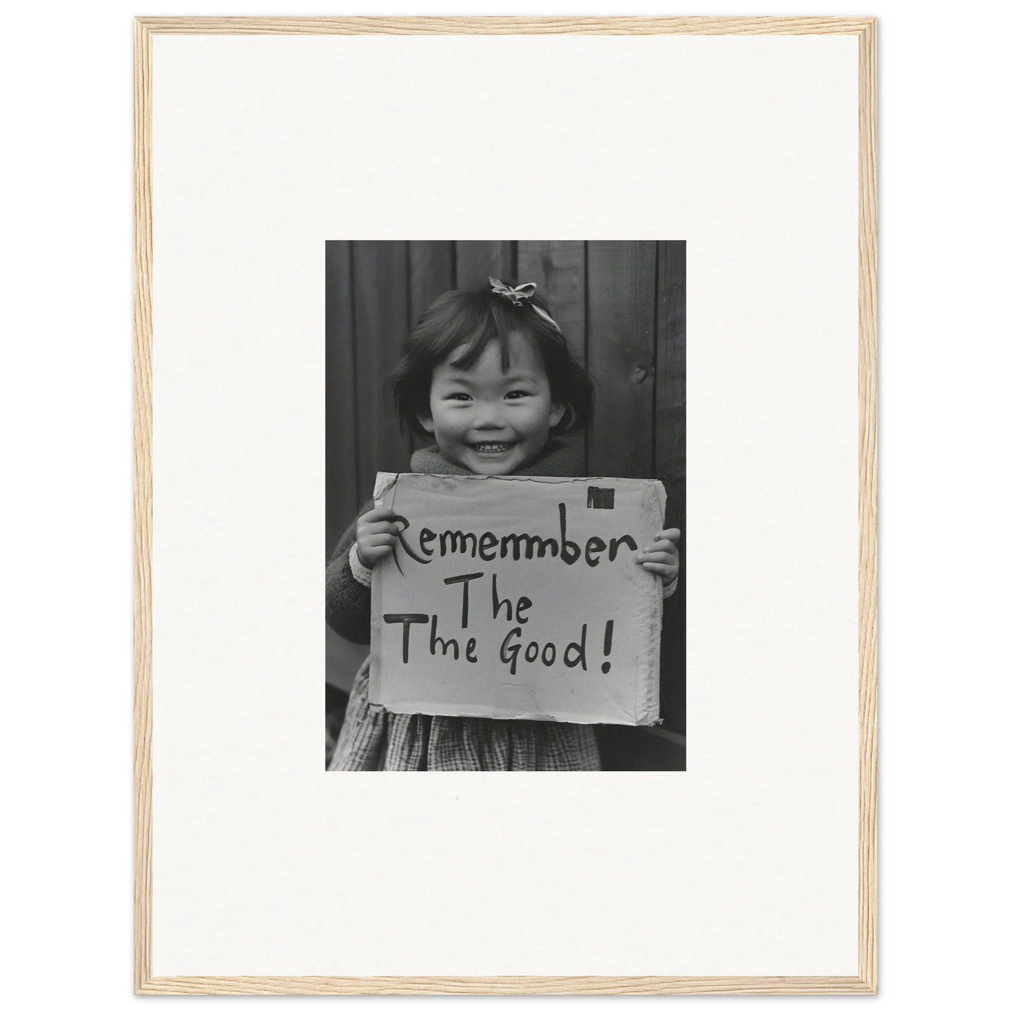 A black and white framed wall art of a sign that says Remember The good in Timeless Joy Parade