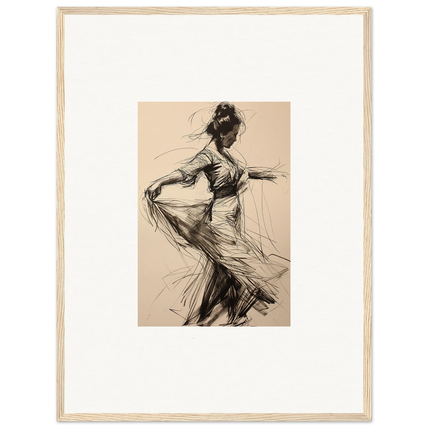 Expressive charcoal sketch of a dancer in flowing dress for Ephemeral Motion Whispers