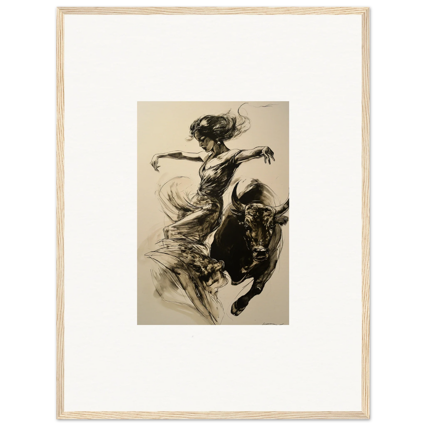 Dynamic black and white sketch of a bullfighter and bull in Resilient Dancer Flame art