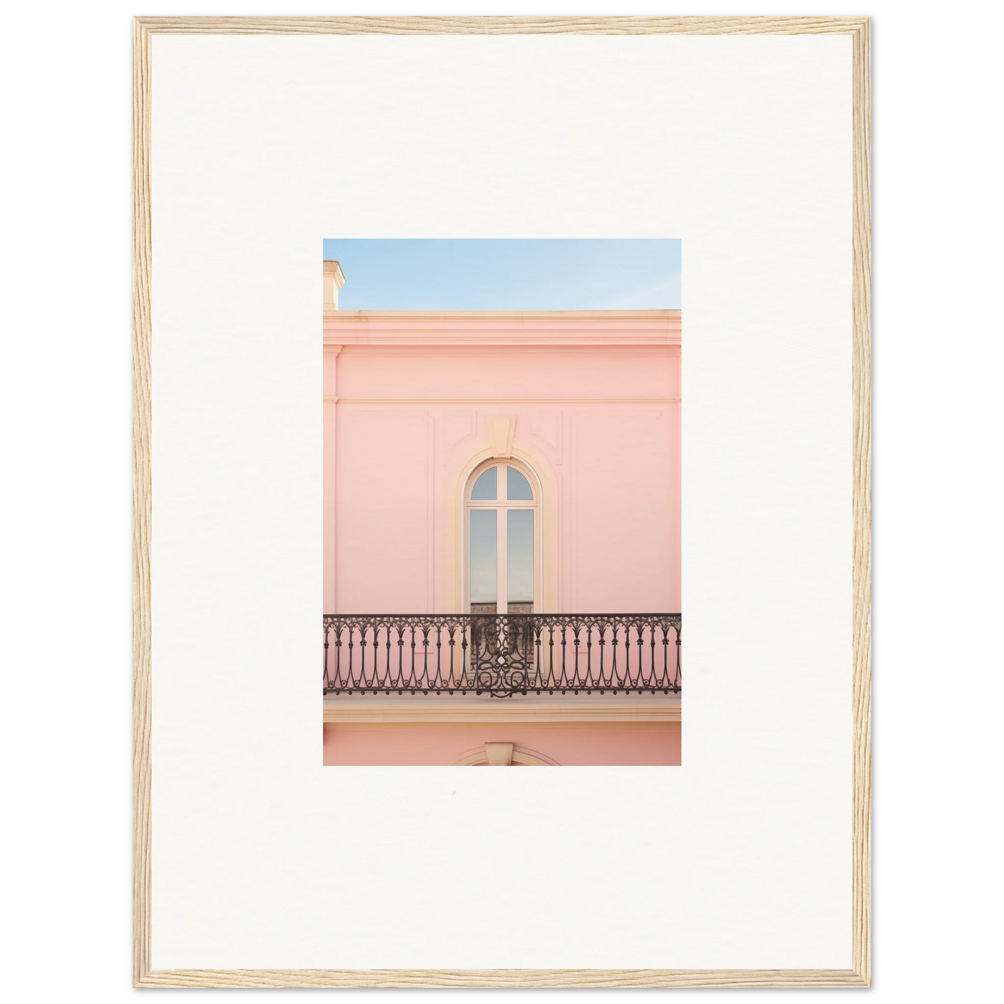 Arched window with ornate metal balcony on a pink wall for Peach Tranquil Portal framed wall art