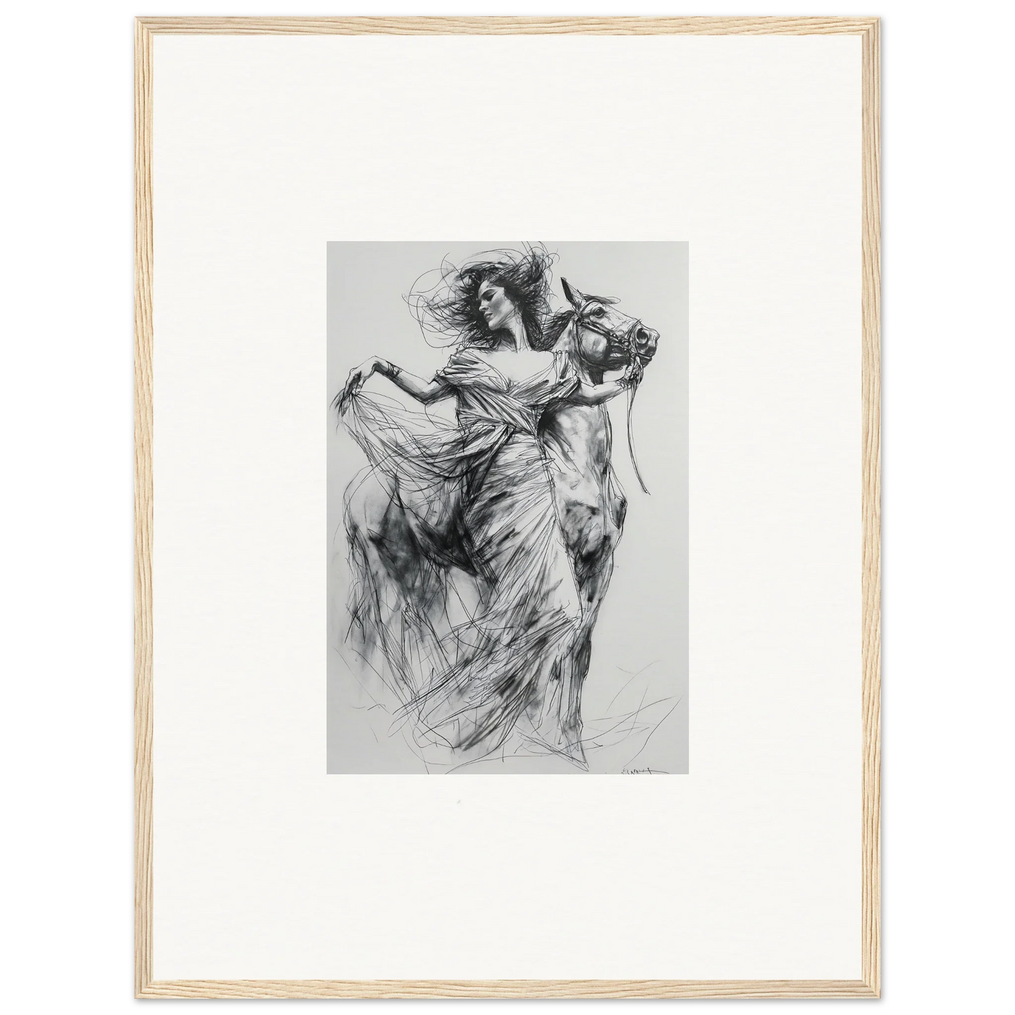 Dramatic charcoal sketch of a flowing figure in Equestrian Ether Euphoria art