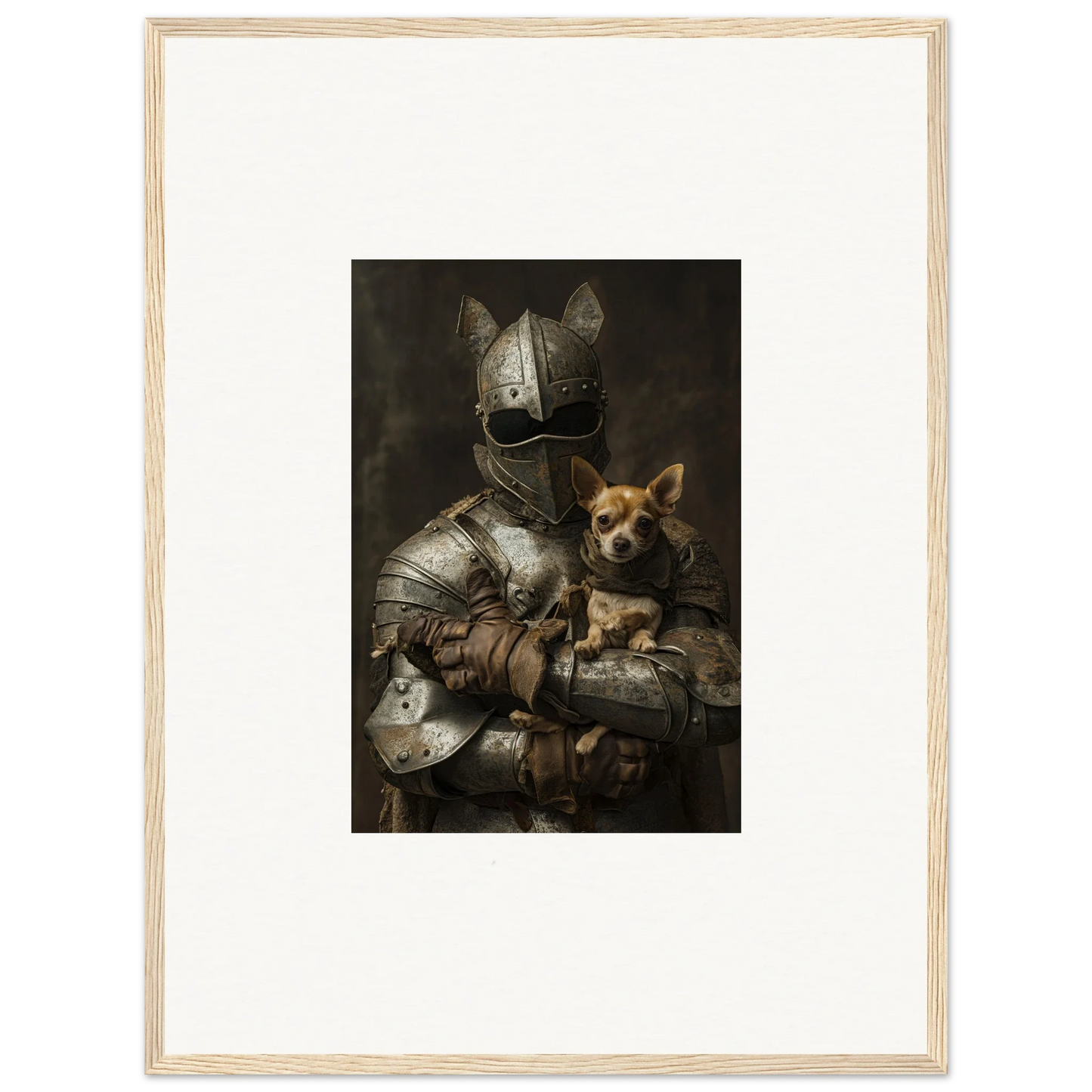 Medieval knight in armor cradling Chihuahua, featured in Serene Steel Whispers art