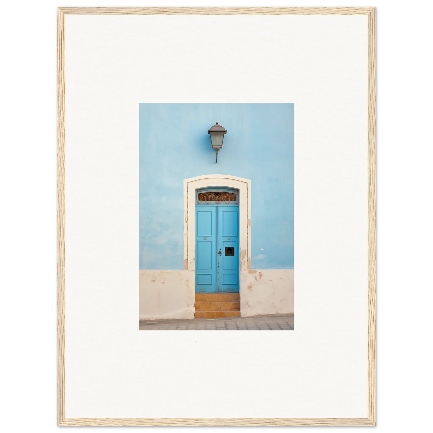 Bright blue wooden door with stone trim in Surreal Azure Vesaurrezz framed wall art