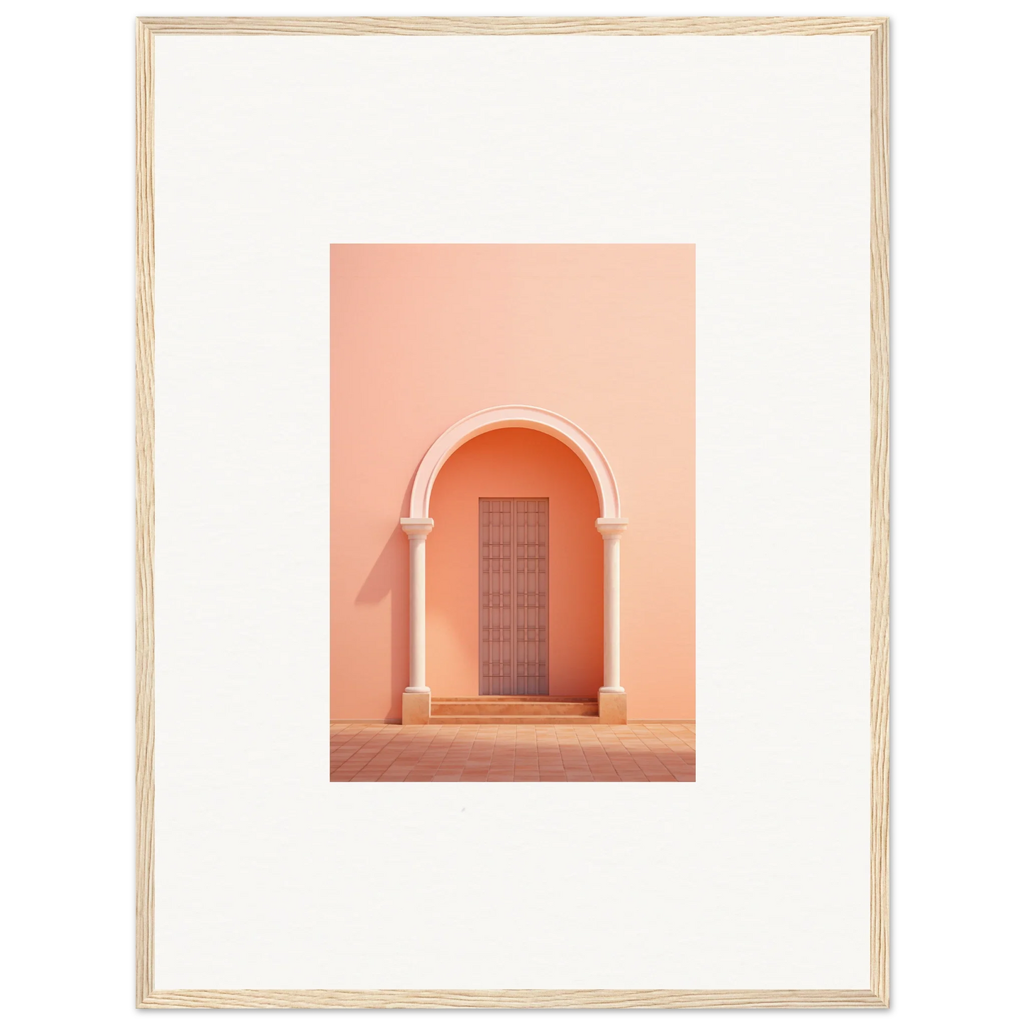 Wooden-framed psychedelic arches discussionale art with a peach-colored archway door