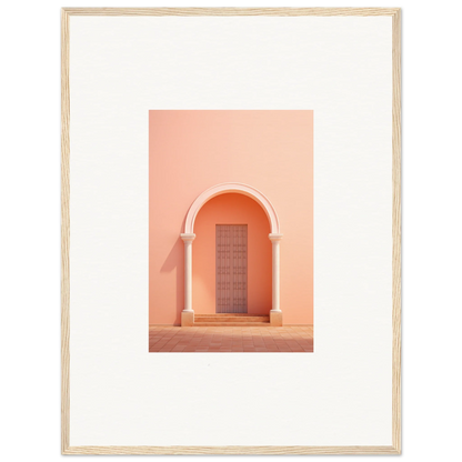 Wooden-framed psychedelic arches discussionale art with a peach-colored archway door