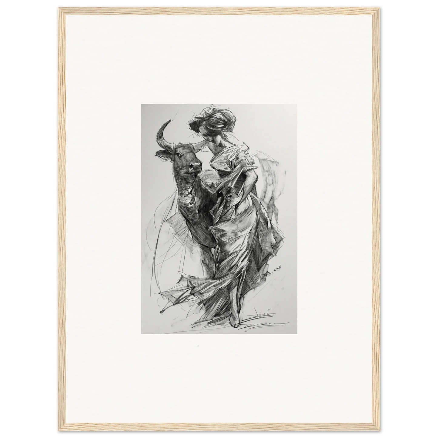 Black and white sketch of a matador with cape in Ebullient Abstract Liaisons art