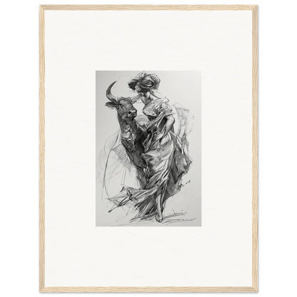 Black and white sketch of a matador with cape in Ebullient Abstract Liaisons art