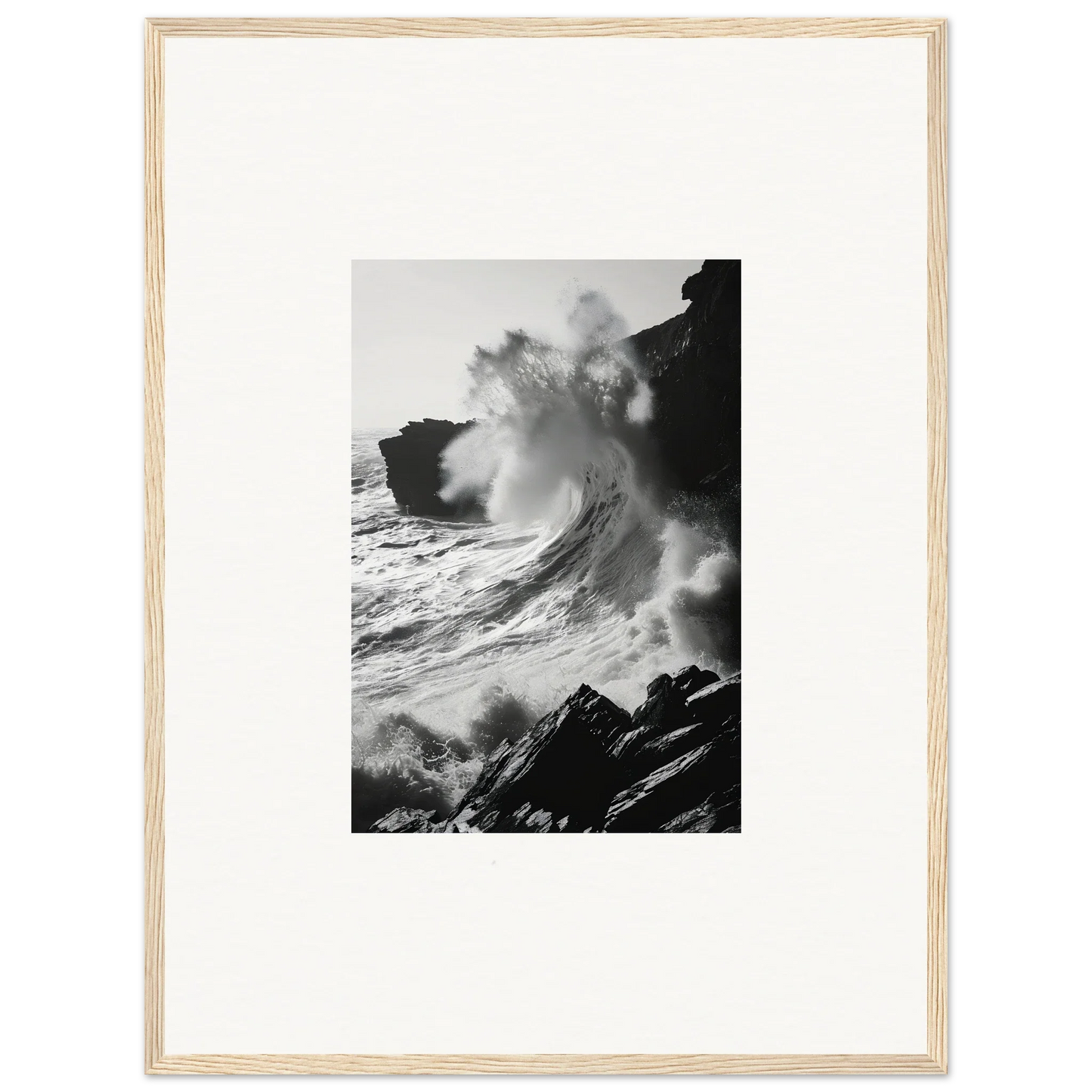 Powerful ocean wave crashing on cliffs in black and white, Incandescent Wave Tribute art™