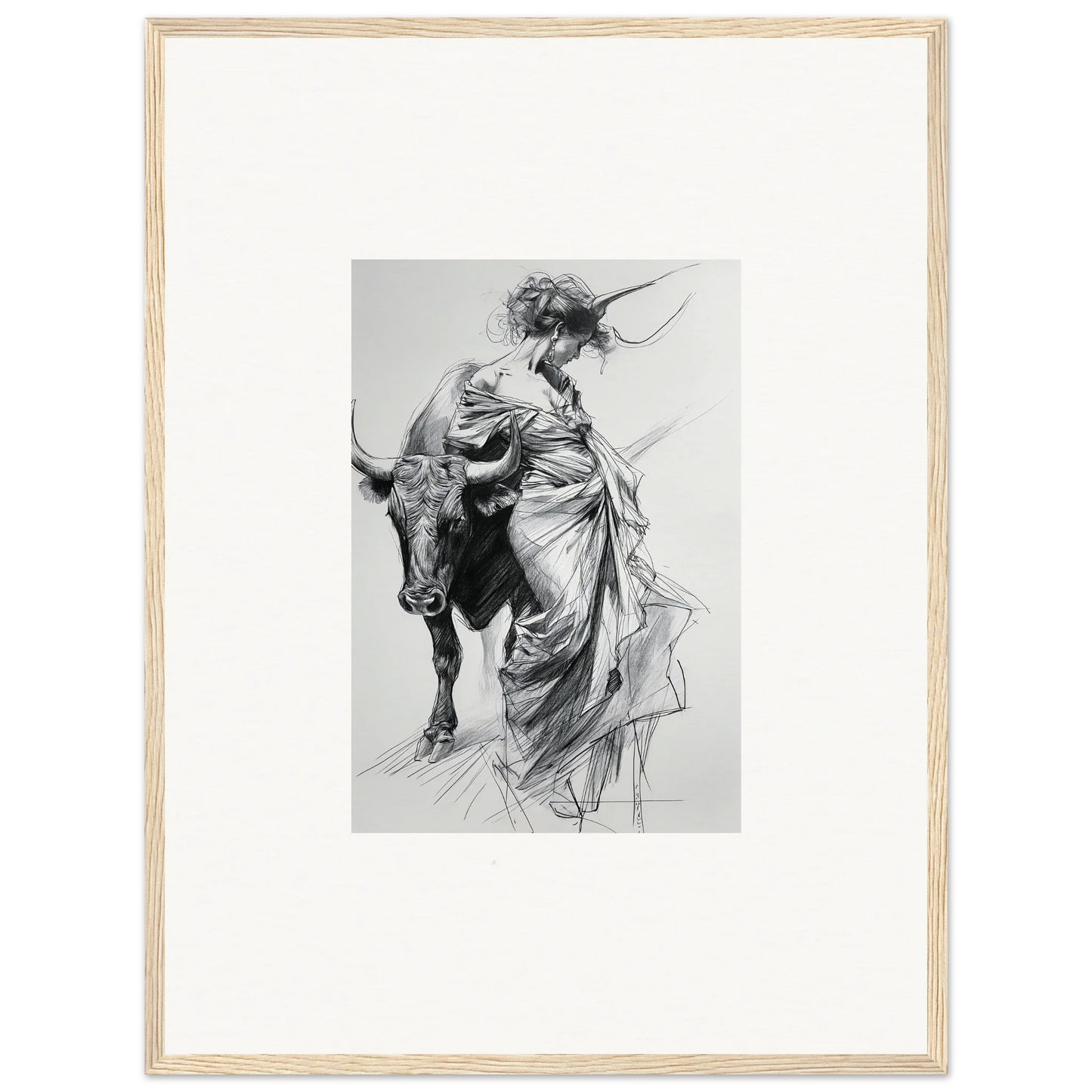 Black and white sketch of a figure in robes next to bull for Minotaur’s Melodic Siesta