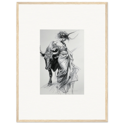 Black and white sketch of a figure in robes next to bull for Minotaur’s Melodic Siesta