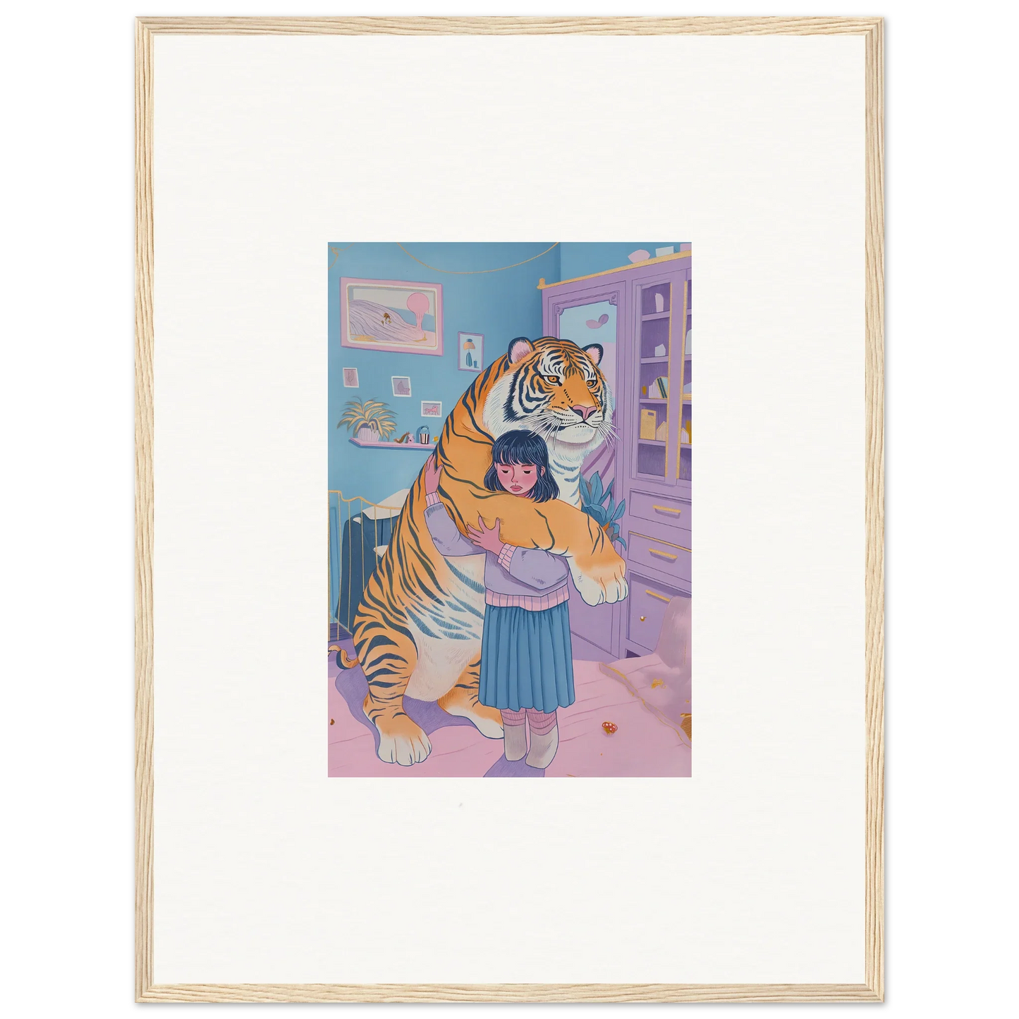 Framed Tiger Embrace canvas print, featuring a child and tiger in a cozy pastel room