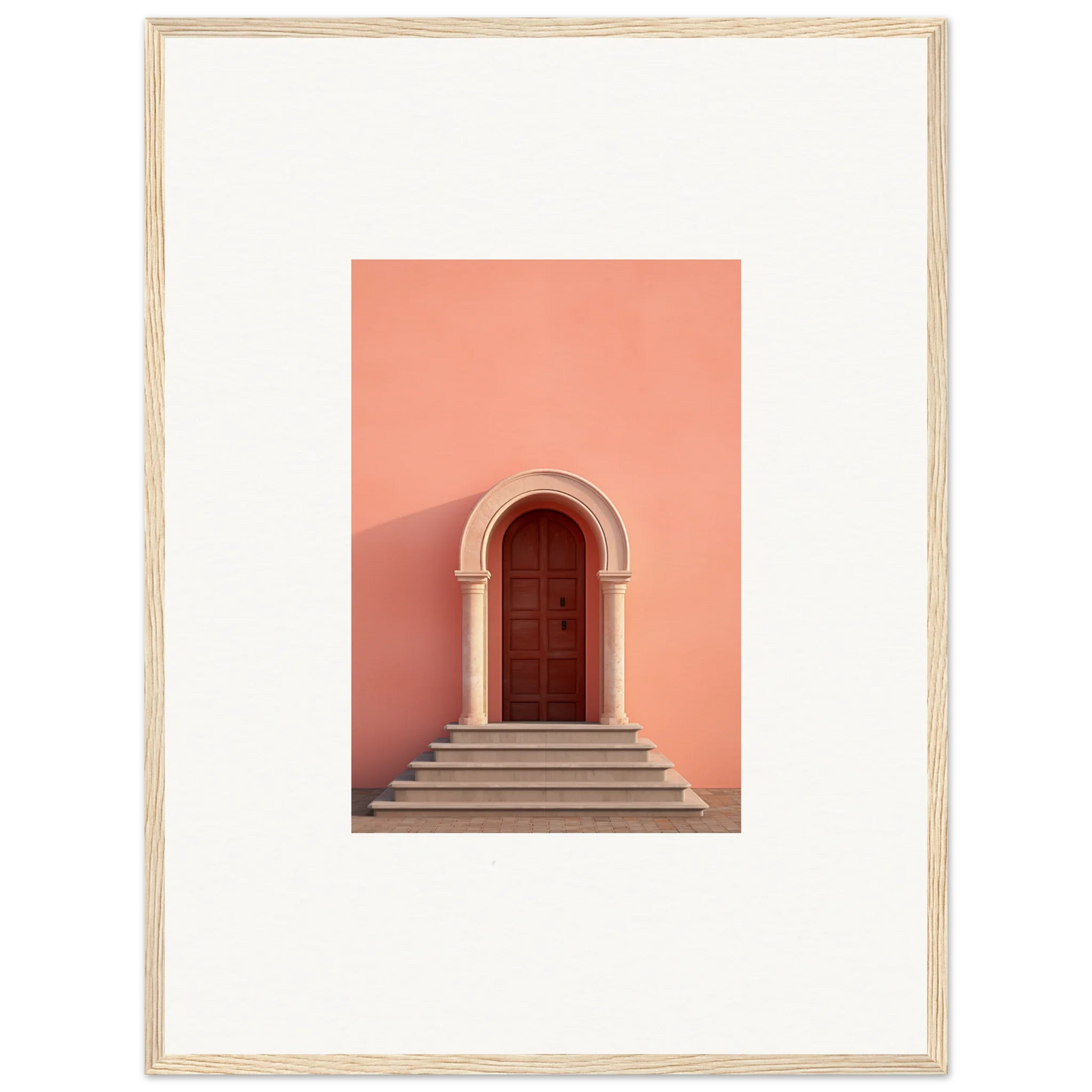 Arched wooden door on stone steps by coral wall, perfect for an Ethereal Sunset Gateway