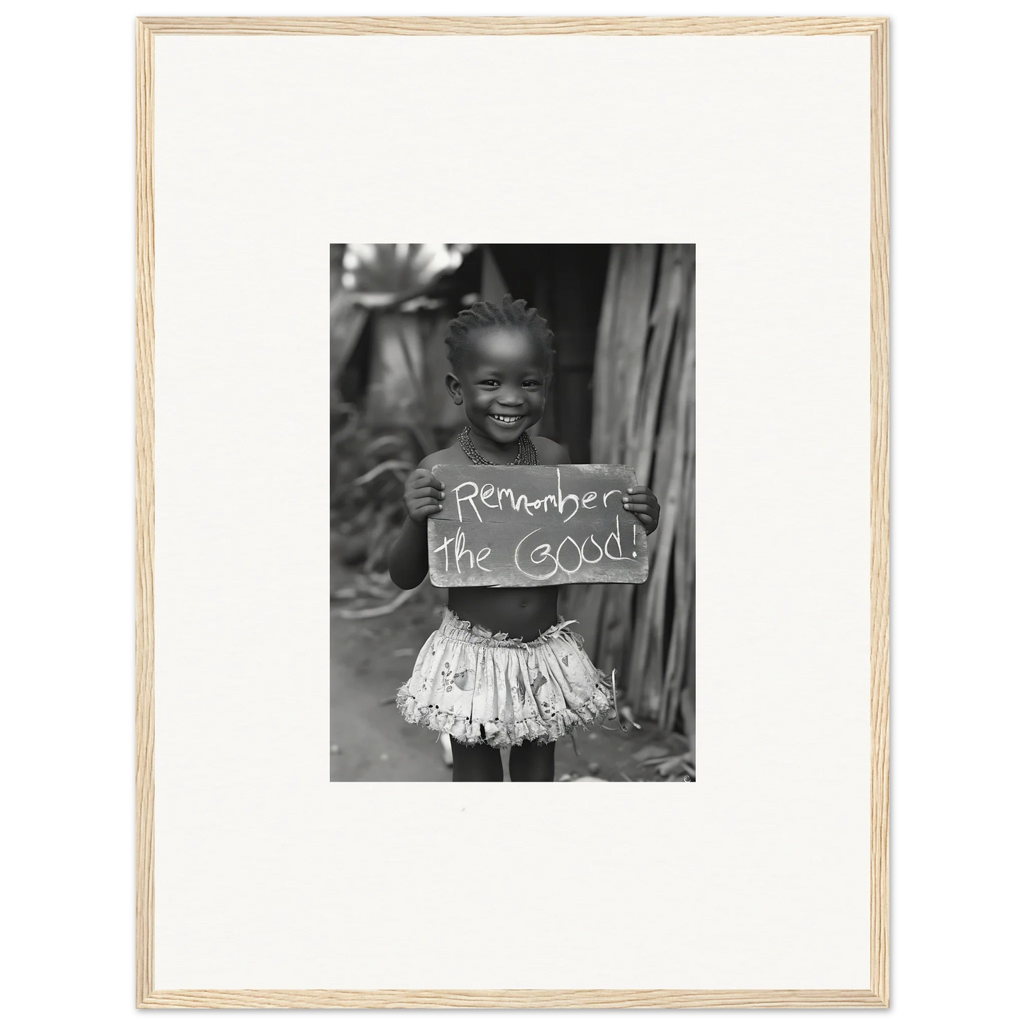 Black and white photo in a wooden frame of a child with lace skirt and Remember the Good sign for Chromatic Joy Ancients framed wall art