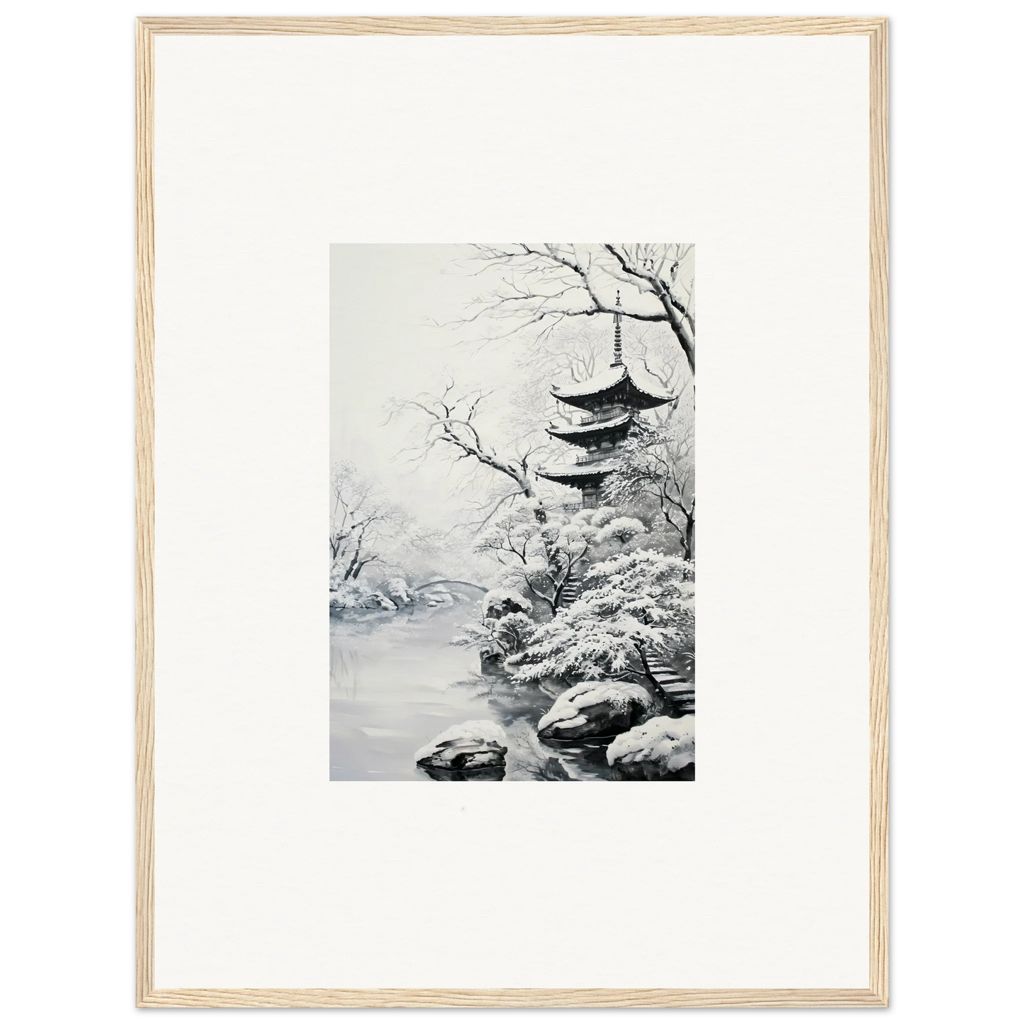 Framed black and white Japanese artwork of a snowy pagoda from Twilight Rebirth Narrative