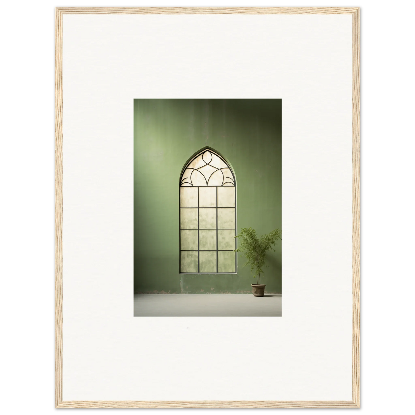 Gothic-style arched window with decorative muntins in Green Crescent premium framed wall art