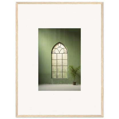 Gothic-style arched window with decorative muntins in Green Crescent premium framed wall art