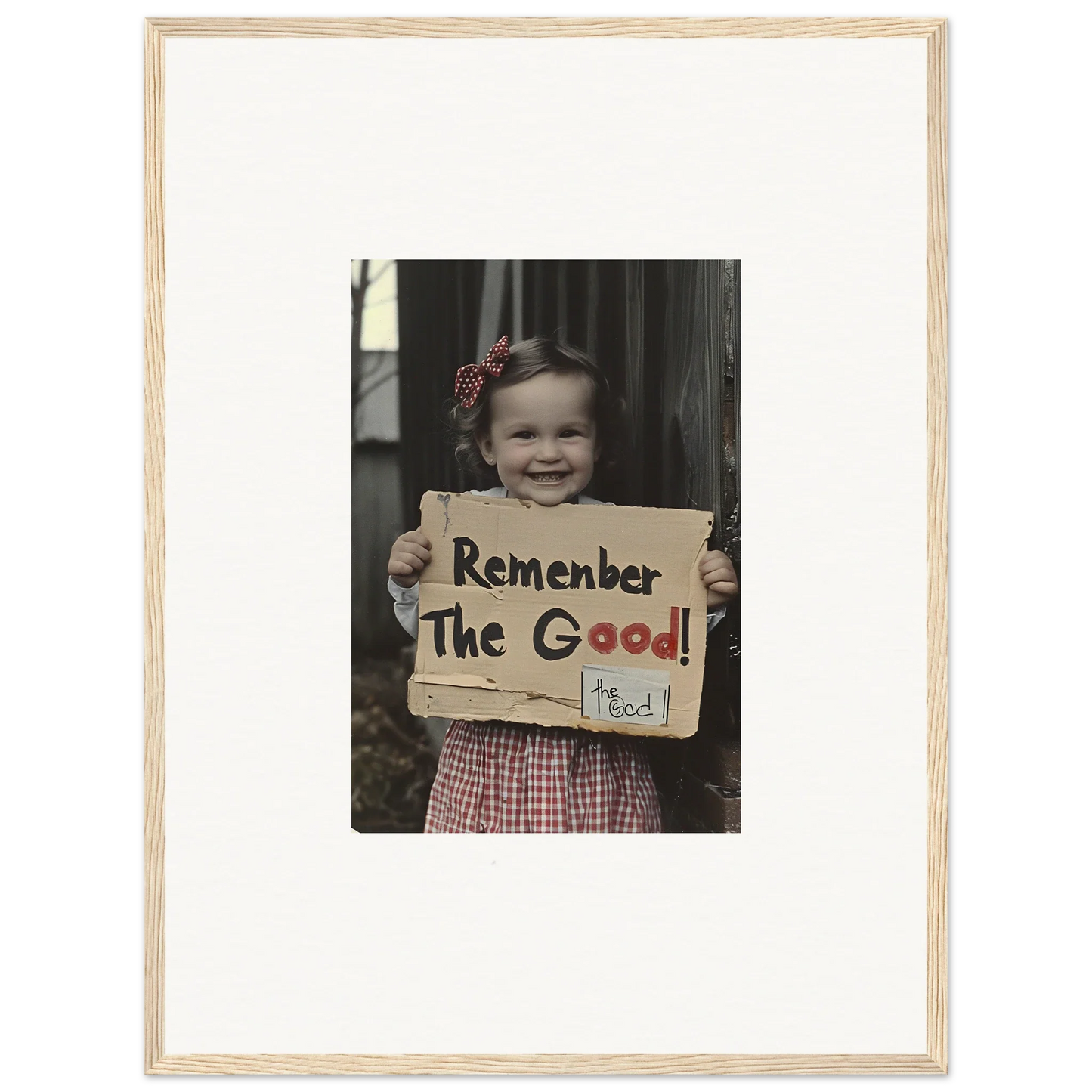 Framed black and white photo with Remember The Good sign in Smiles Forlornly Singing art