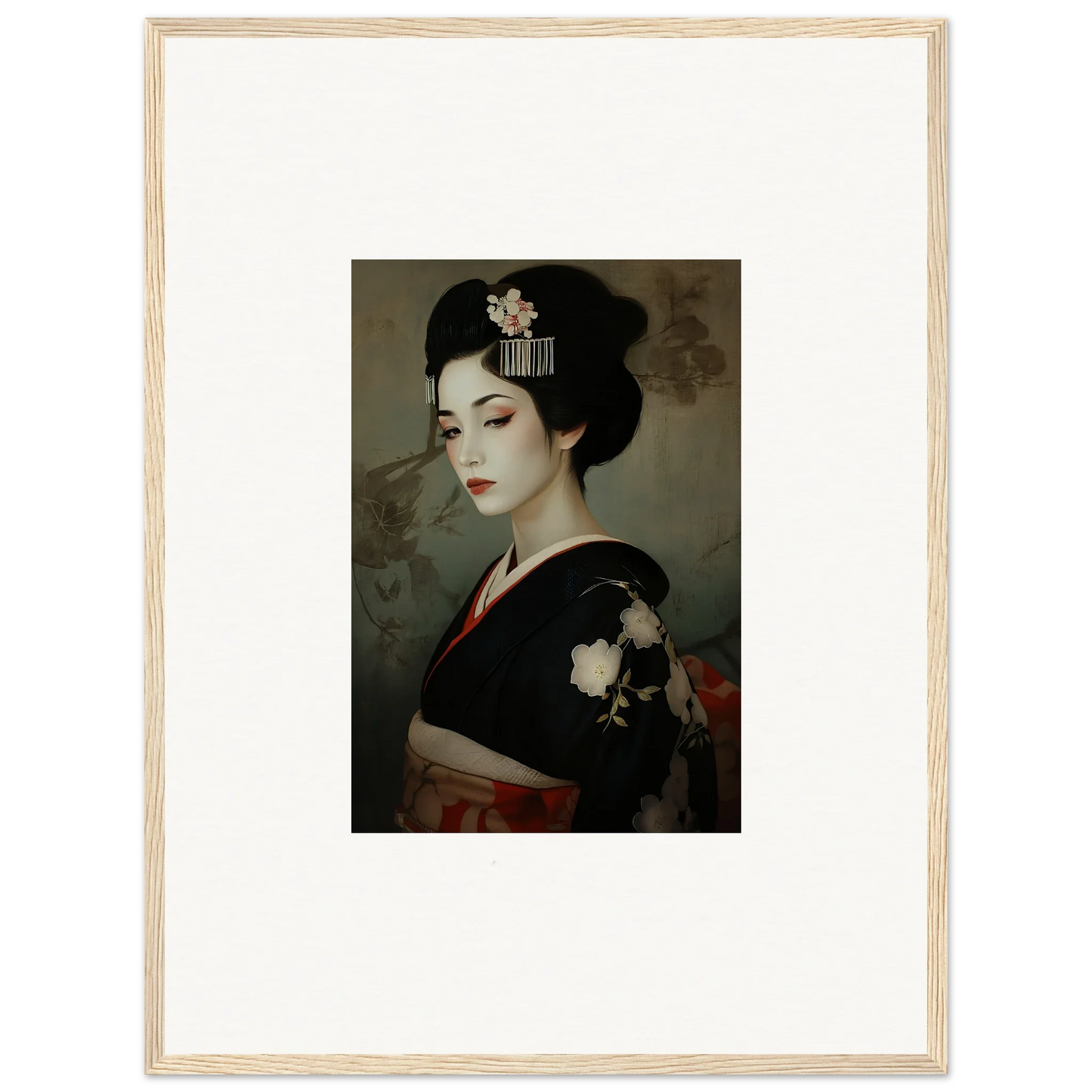 Framed wall art of a geisha in a black kimono showcasing Cherry Dream Surrealism